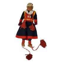 Vintage Handmade Composition 12&quot; Doll Ethnic Woman Blue Red Dress Bonnet Cloth - £41.68 GBP