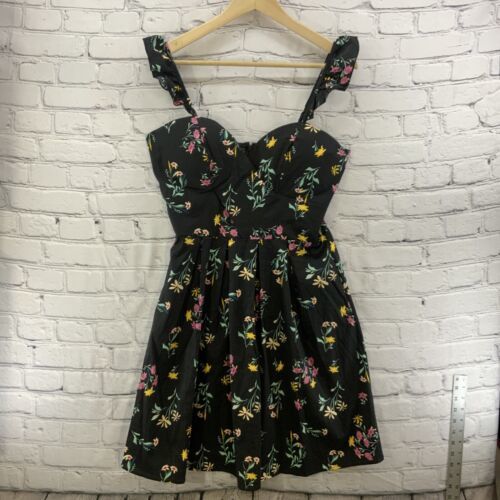 Primary image for Say What Sun Dress Womens Sz L Black Floral Print Spaghetti Straps NWT