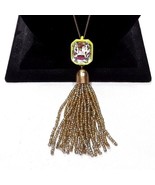 J Crew Tassel Rhinestone Green Lacquer Pendant Gold Tone Beaded 32&quot; Neck... - $230.98 MXN