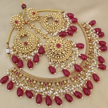 Indian Gold Plated CZ Bollywood Style Kundan Red Necklace Pearl Jewelry Set - £67.08 GBP