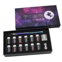 Crystal Vintage Glass Dip Pen Set - 12 Color Calligraphy Ink, Pen Holder... - £42.11 GBP