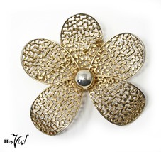 Vintage Kramer 2.75&quot; Gold Flower Pin Brooch - Ornate Open Work Design - Hey Viv - £11.19 GBP