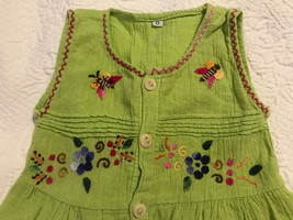 Boho Infants Sz. 0 (6-12 M?) Dragonfly Florals Embroidered Lime Dress Bttns Down - £11.74 GBP
