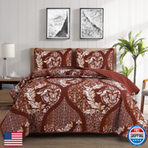 DJY King Burgundy Red Gold Damask Quilt Set Boho Bedspread Coverlet Soft - $60.00