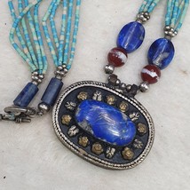 Vintage Tribal Afghan tiny seed beads Turquoise color Lapis jewelry neck... - $27.60