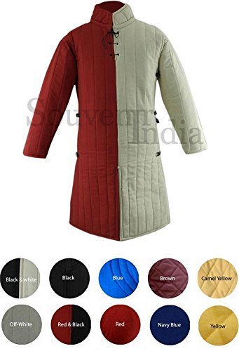 Medieval Gambeson Thick Padded Long Coat Aketon Jacket Armor Costume Red & Off-W