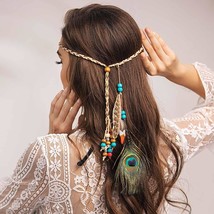 Indian Peacock Feather Headbands Boho Princess Head Chain Bule Adjust Headdress  - £17.26 GBP