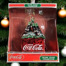 Coca-Cola Blown Glass Ornament Cokes in Red Ice Chest W/Green Bow - $13.85