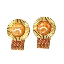 Hickok Cufflinks Gold Tone Mesh Wrap Around Cream Stone Round 1” Diameter - £18.63 GBP