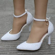 Crystal Queen Pointed Toe White  Wedding Shoes Thin Heels Shoes Bridal High Heel - £46.28 GBP