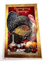 Amazing Thanksgiving Greetings Turkey Wine &amp; Pumpkin Colorful Glossy Postcard SB - £14.48 GBP