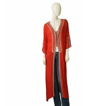 Dar Mode Red Ethnic Embroidered Cotton Long Caftan Cardi Cardigan Size 2... - $88.11