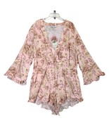 NWT Aguabendita Women&#39;s 1X Pink Floral Romper, Flare Sleeve Plunge-V Fri... - $38.29 CAD