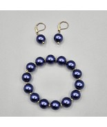 Blue Faux Pearl Bracelet Earrings Set Pierced Ear Stretch Glass Bead Gol... - $464.71 MXN