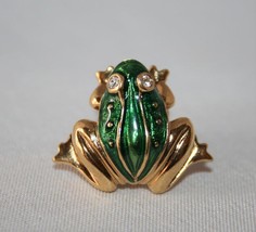 Gold Tone Green Enamel Clear Crystal Eyes Frog Collar Pin Brooch  J295 - £9.43 GBP