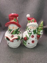 2 Snowmen Tea Light or Votive Candle Holders With Christmas Tree &amp; Caroling - £18.14 GBP