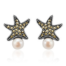 Timeless Magic Starfish Pearl Marcasite .925 Silver Earrings - £33.55 GBP