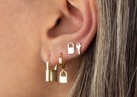 14K Gold Locket Earrings, Kawaii Earrings, Lock Earrings, Locket Earring... - $26.62
