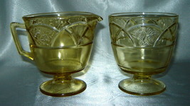 FEDERAL GLASS Yellow DEPRESSION Rosemary Pattern Footed Creamer &amp; Sugar - £11.67 GBP