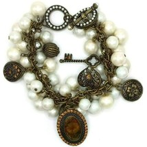 Trendy Fashion Chunky Faux Pearl Antique Brass Tone Charms Toggle Bracelet - £8.93 GBP