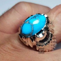 Iranian Turquoise Natural Stone Men Heavy Silver Ring Oval Cabochon Arabic Ring - $177.64