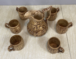 Vintage Pottery Mid-Evil Jousting Carving Pitcher with 6 Mugs with Castles - £63.30 GBP