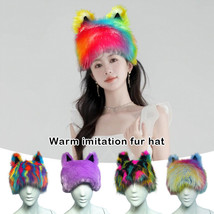 Adult Winter Cat Ear Hat Plush Beanie Thicken Faux Fur Soft Rainbow Y2K ... - £13.35 GBP