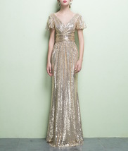 Gold Maxi Sequin Dress Women Cap Sleeve Retro Style Plus Size Sequin Dress image 1