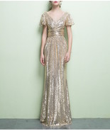 Gold Maxi Sequin Dress Women Cap Sleeve Retro Style Plus Size Sequin Dress - $139.90