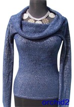 Cache Navy Metallic Exaggerated Collar Top Sweater New Stretch XS/S/M/L $98 NWT - £31.50 GBP