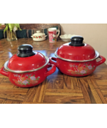 Pair Discontinued SAVASAN Red Porcelain Enamel Peacock Casserole Pots w/... - £23.64 GBP
