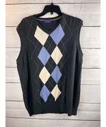 Alan Flusser Argyle V-Neck Golf Sweater Vest Black Blue  Cotton XL - £13.24 GBP