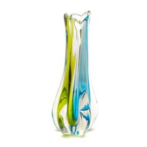 Tall Vase Art Glass Hand Blown Ribbed Multicolor Green Blue Yellow Vinta... - £39.54 GBP