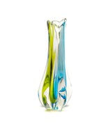 Tall Vase Art Glass Hand Blown Ribbed Multicolor Green Blue Yellow Vinta... - £39.54 GBP