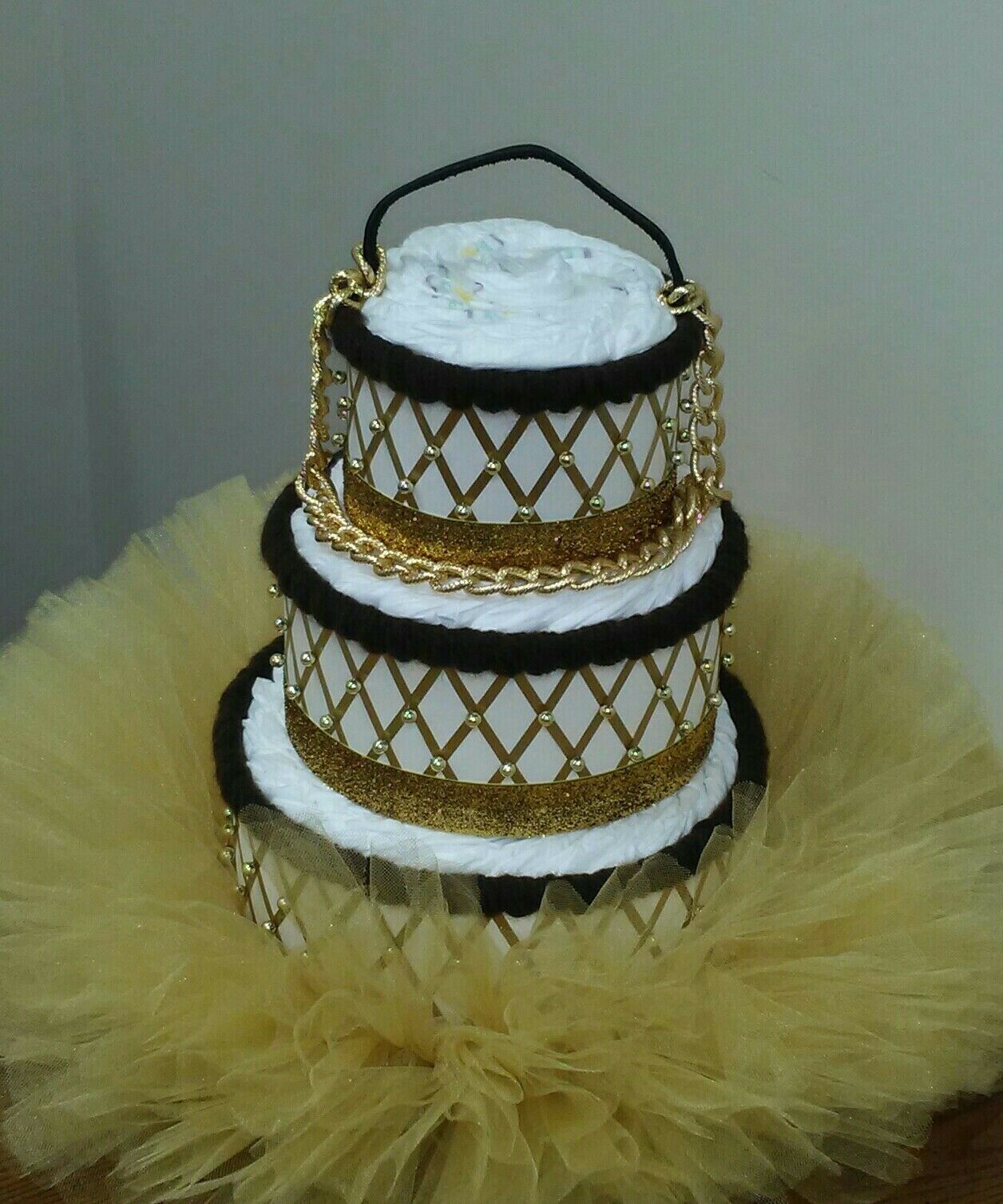 Louis Vuitton Themed Baby Shower 3 Tier Gold and Brown Tutu Diaper Cake Gift