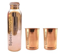 Handmade Copper Water Drinking Bottle Joint Free 2 Tumbler Glass Health Benefits - £25.33 GBP