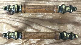 Set Pair 2 Vtg 70s Antique Brass Oak Wood Wooden Drawer Handles Pulls 3&quot;... - $18.87 CAD