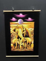 Stunning Hand-Painted Black Velvet Artwork , Elephant Family in the nigh... - $99.00