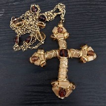 Important Medieval Cross Art Pendant Handmade Faux Stones Gold Plated Lo... - £194.62 GBP