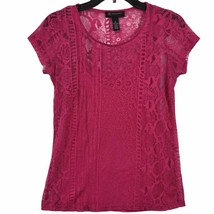 INC Womens Shirt Size M Pink Lace Layered Tank Flirty Floral Cap Sleeves Scoop - £7.82 GBP