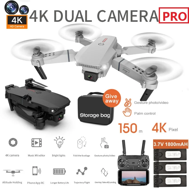 Foldable Rc Drone 4k Pro HD Dual WiFi Camera Wide-Angle Remote Control Pla - £43.31 GBP+