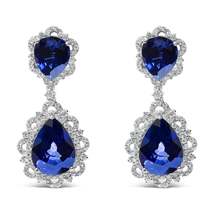 Fine 18K White Gold Blue Sapphire and Diamond Halo Drop Earrings - $18,784.00