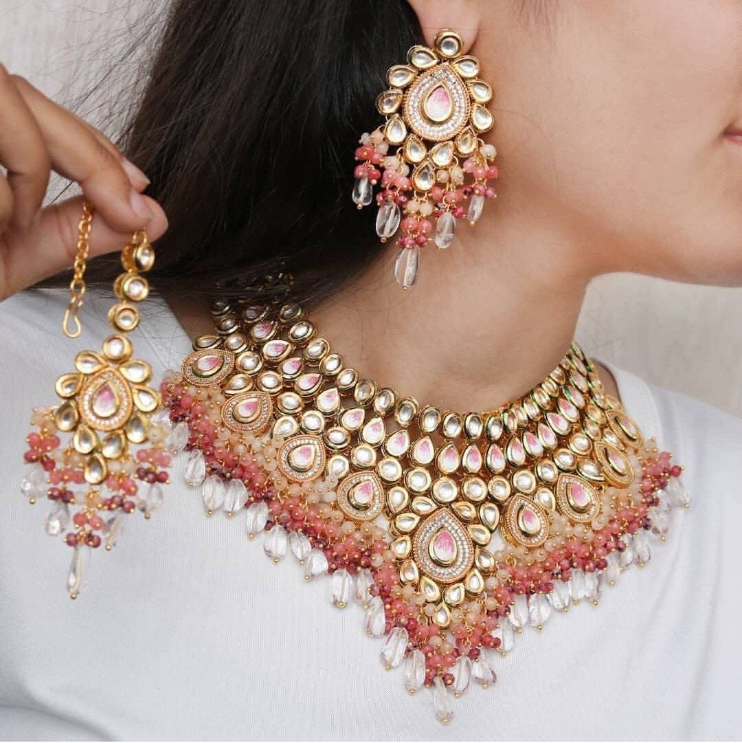 Primary image for VeroniQ Trends-Designer Kundan Meenakari Pearls Choker Necklace in Pink Orange