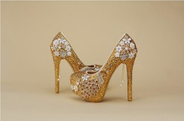 New arrive Gold crystal Peacock wedding shoes women 6cm Med heels shoes Ladies P - £81.39 GBP
