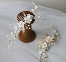 Freshwater Pearl Flower Bridal Hair Comb, Wedding Leaf Hair Comb,Wedding... - £18.82 GBP