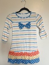 Sunshine Swing Girls Dress Sz 7 White Yellow Blue Stripe Bow Long Sleeve Ruffle - £7.88 GBP