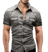 Men Denim Short-sleeved Slim Shirt Shirt - £32.21 GBP
