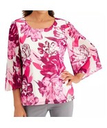 JM Collection Floral Bell Sleeve Mesh Blouse Womens S Scoop Neck Pink Re... - £10.75 GBP