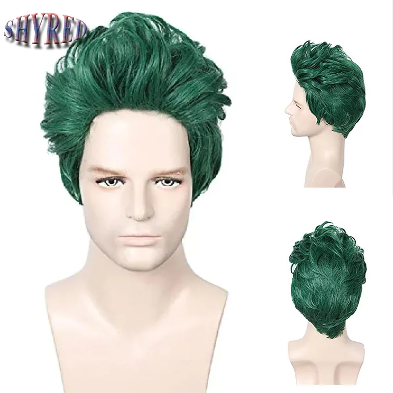 Short Green Straight Synthetic Wigs For Young Men Short Pixie Cut With Ban - £16.90 GBP+