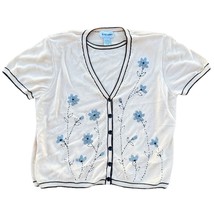  Vintage Alfred Dunner Floral Knit Cardigan Cream &amp; Blue Embroidery – L - $22.79